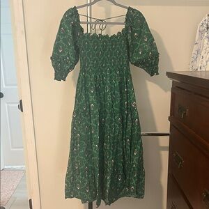 Hill House Green Floral Smocked Dress with Pink Accents